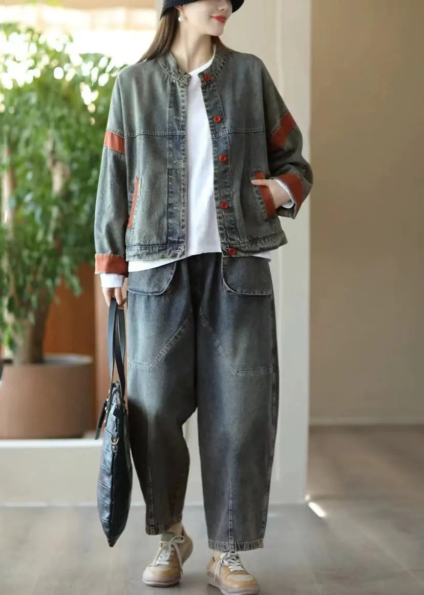 Blue Oversized Patchwork Denim Jacket Spring
