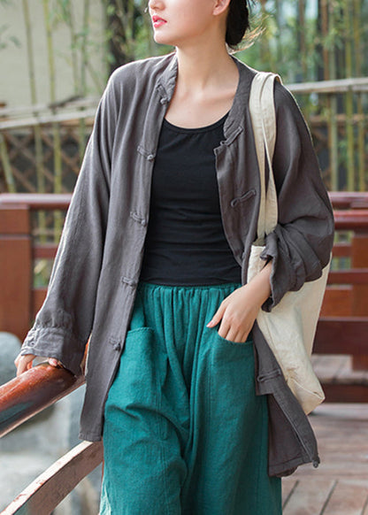 Grey Pockets Linen Coats Stand Collar Fall