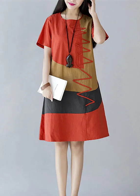 Style Orange Print Cotton a Line Dresses Summer