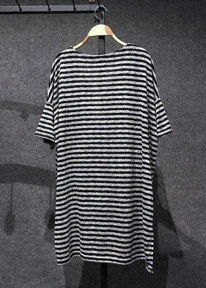 Loose Black V Neck Striped Side Open Cotton T Shirts Tops Summer