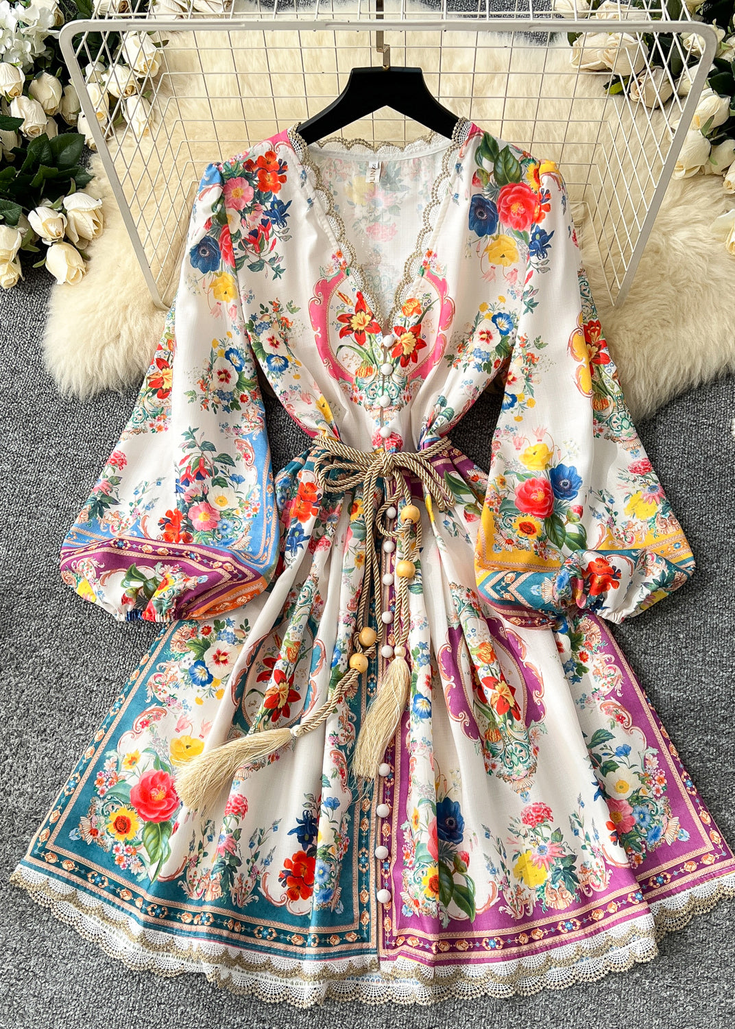 Tie Waist Print Chiffon Tea Dress Spring