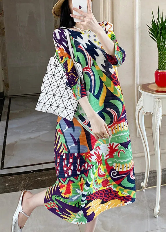 Green O-neck Wrinkled Maxi Holiday Dress Summer