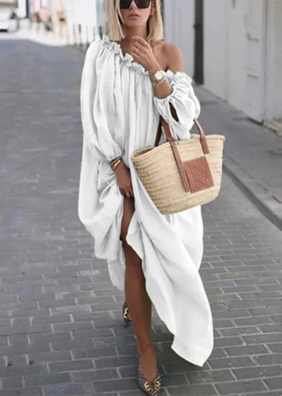 Boutique Khaki Ruffled Cold Shoulder Loose Cotton Long Dresses Spring