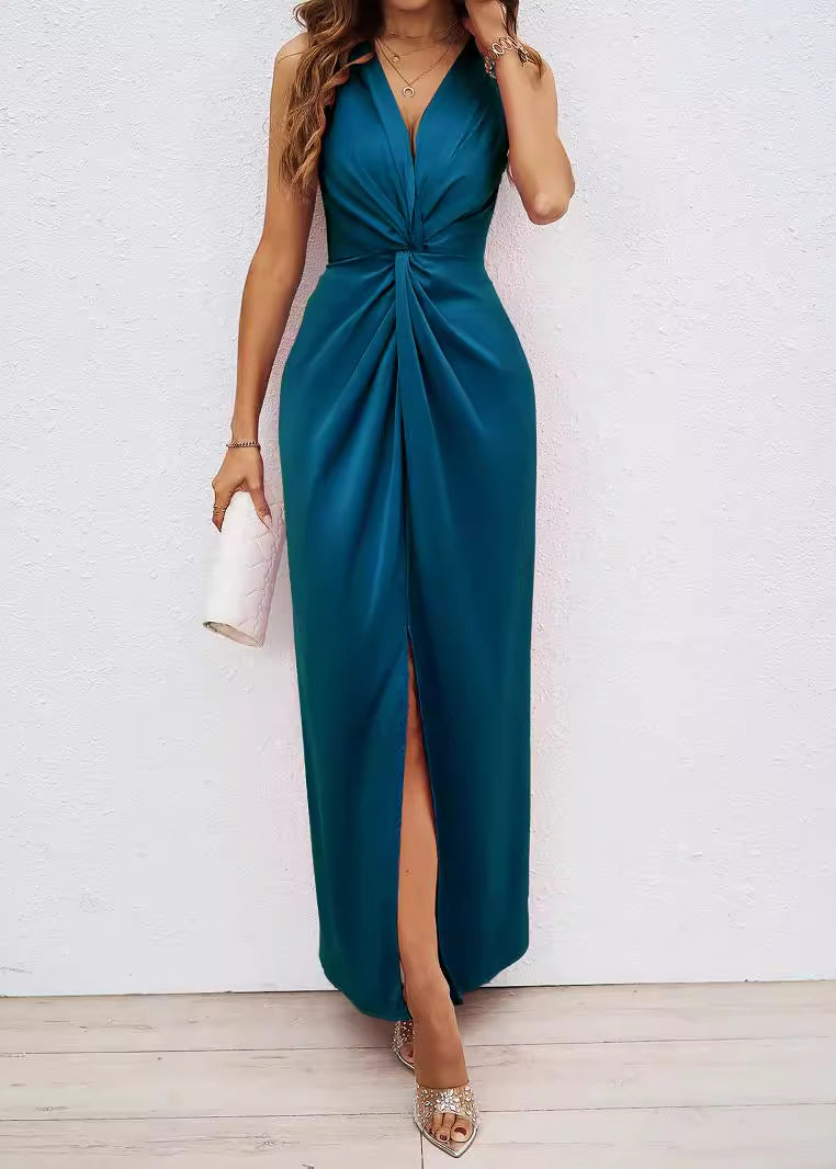 Classy Rose V Neck Side Open Patchwork Silk Dress Sleeveless