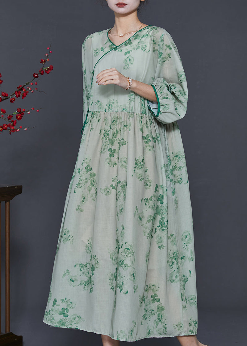 Green Print Linen Oriental Dresses Bracelet Sleeve