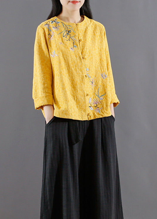Yellow Embroideried Button Patchwork Cotton Coats Fall