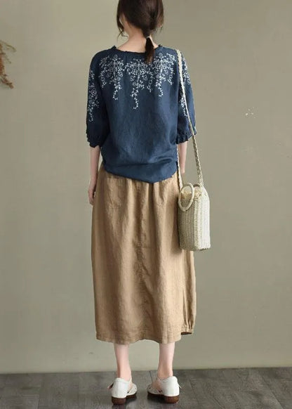 Handmade Navy Lantern Sleeve Ruffled Summer Cotton Linen Shirt Tops