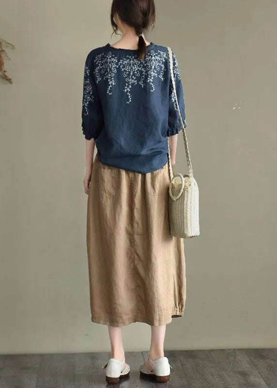 Handmade Navy Lantern Sleeve Ruffled Summer Cotton Linen Shirt Tops