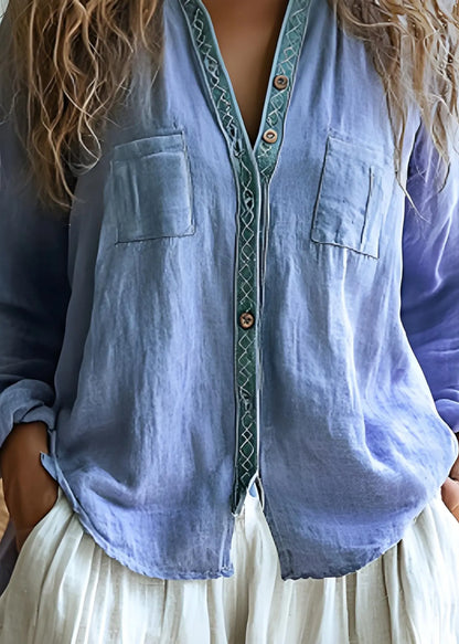 Purple V Neck Print Button Cotton Shirts Tops Spring