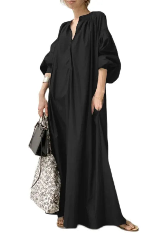 Apricot V Neck Oversized Long Dresses Lantern Sleeve