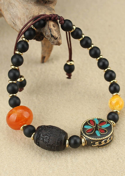 Black Coloured Glaze Pearl Beeswax Clover Charm Bracelet