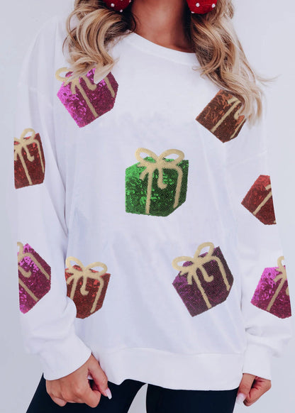 White Embroidered Sequins Cotton Sweatshirt Fall