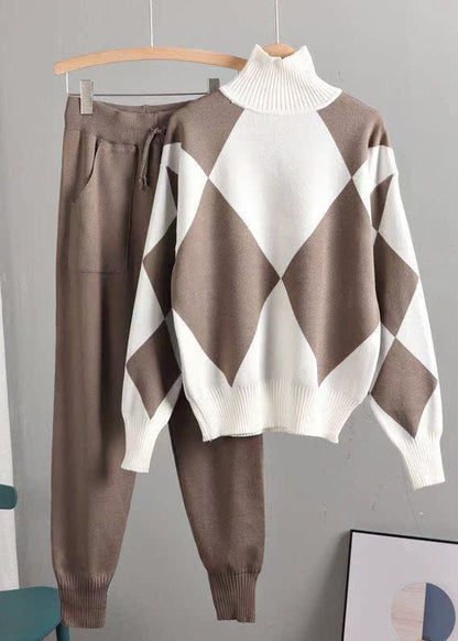 Blue Hign Neck Geometric Knit Two Pieces Set Winter