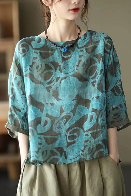 Print Ramie Loose Cinched T-shirt