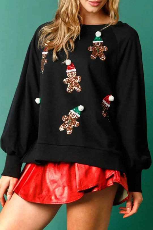 Christmas Gingerbread Man Sequin Long-Sleeve Sweatshirt
