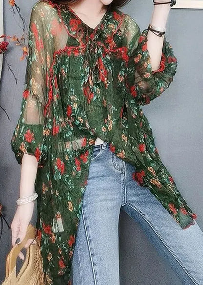 Green Print Lace Up Thin Chiffon Blouses Summer