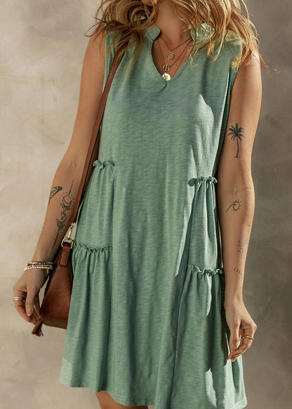 Green Ruffled Patchwork Cotton Mid Dress Sleeveless