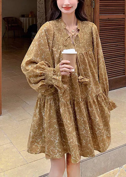 Original Design Yellow Wrinkled Print Tie Lace Mid Dress Flare Sleeve
