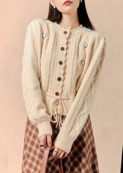 Beige Button Lace Up Knit Sweater Winter