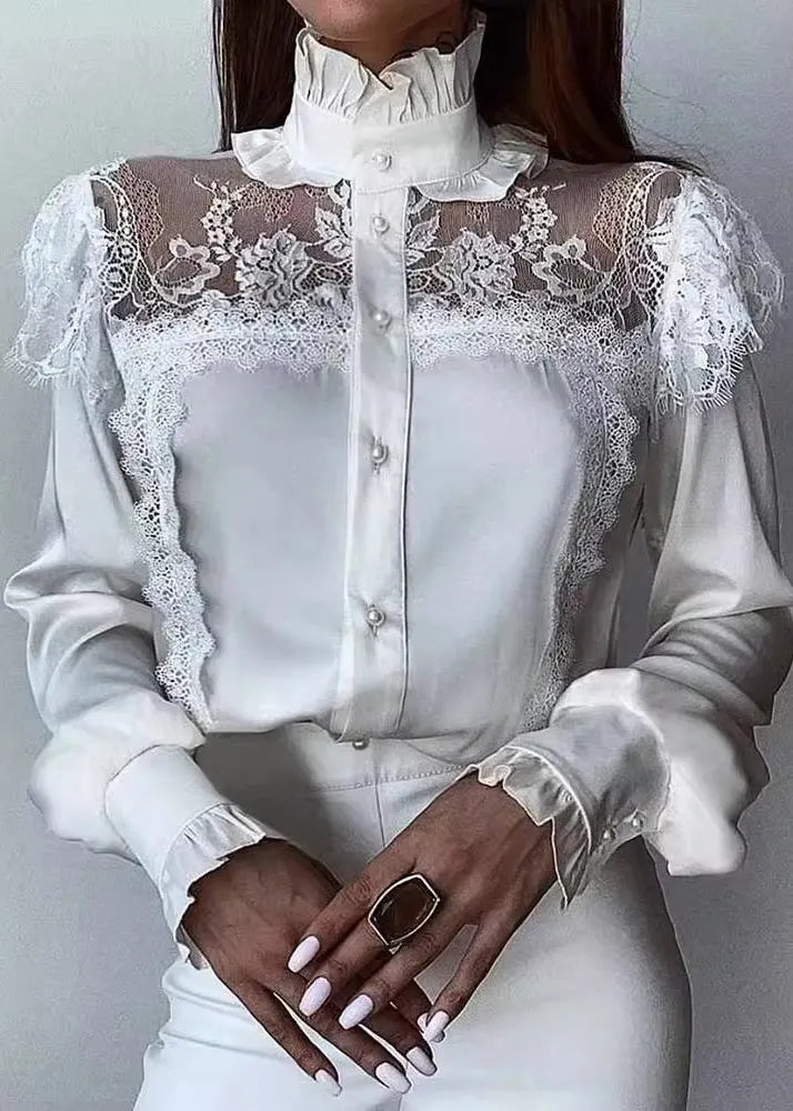 French White Ruffled Lace Tulle Patchwork Chiffon Tops Spring