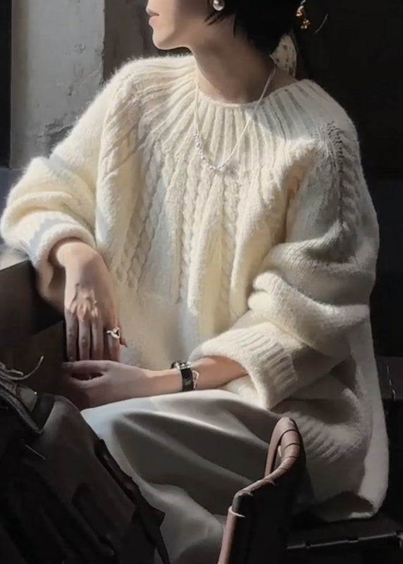 Beige O Neck Thick Cozy Cable Knit Sweater Winter