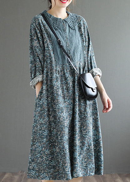 Blue Button Print Fall Dress Long Sleeve