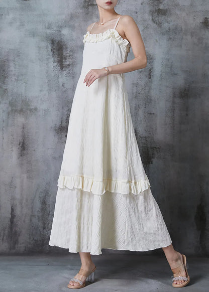 Apricot Ruffled Wrinkled Cotton Spaghetti Strap Dress Summer