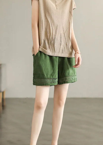 Fine Green Pockets Cinched Lace Patchwork Linen Shorts Summer
