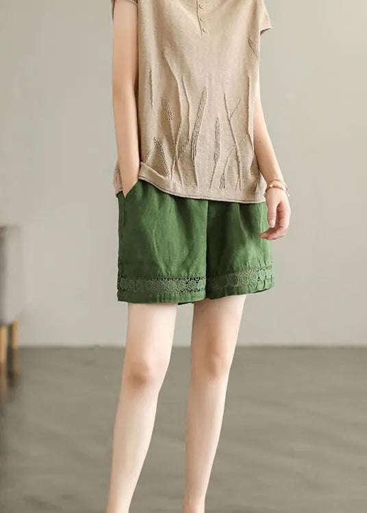 Fine Green Pockets Cinched Lace Patchwork Linen Shorts Summer