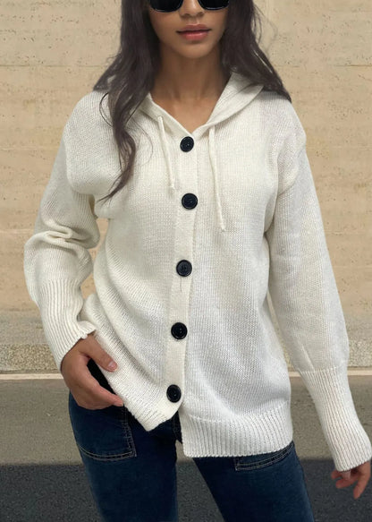 Style White Hooded Button Knit Loose Coat Fall