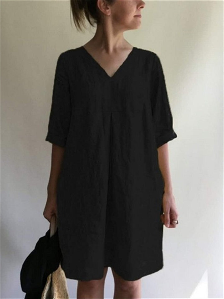 V-neck Color Cotton Linen Loose Dresses
