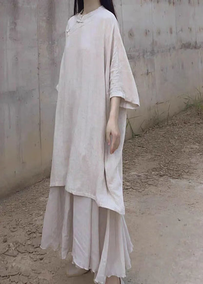 Beige Stand Collar Oriental Button Linen Long Dress Bracelet Sleeve