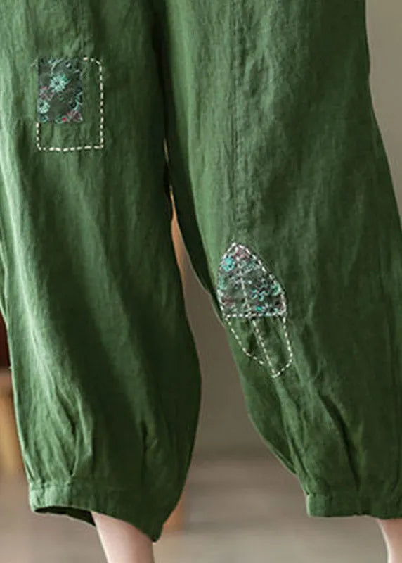 Green Pockets Print Elastic Waist Linen Harem Pants Summer