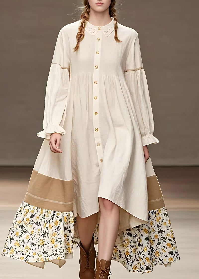 Apricot Print Low High Design Long Dress Long Sleeve