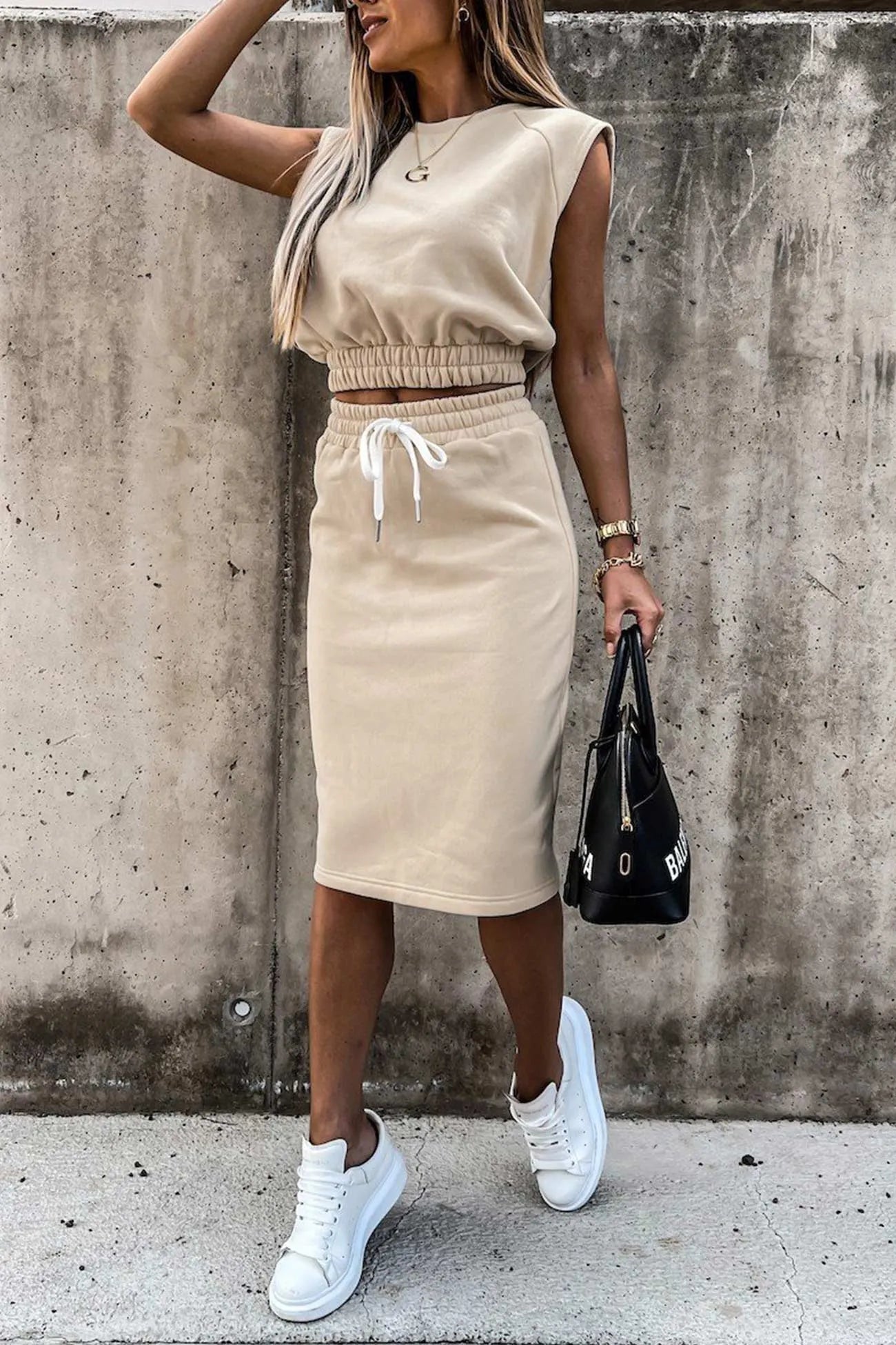 Elastic Waist Tank Top Slit Skirt Suits