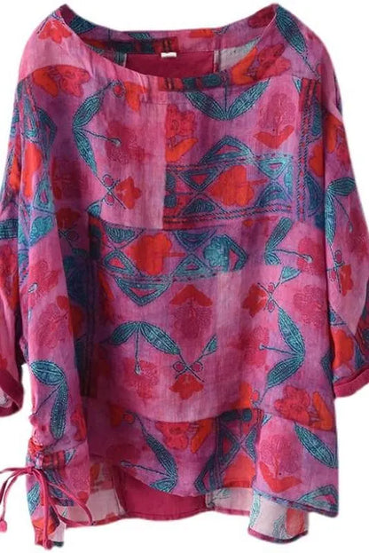 Print Ramie Loose Cinched T-shirt