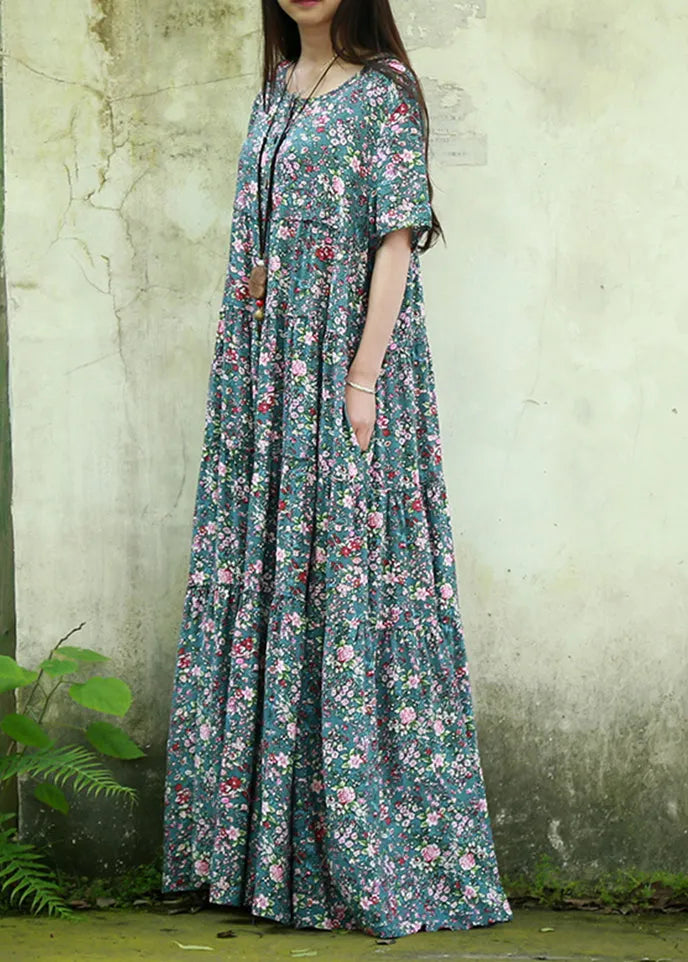 Blue O Neck Print Patchwork Cotton Maxi Dress Summer