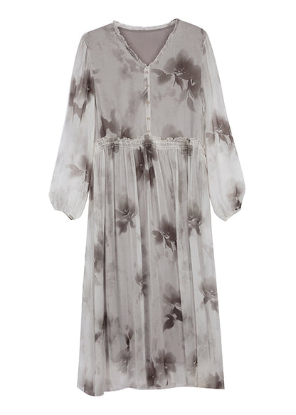 V Neck Print Ruffled Silk Chiffon Dresses Lantern Sleeve