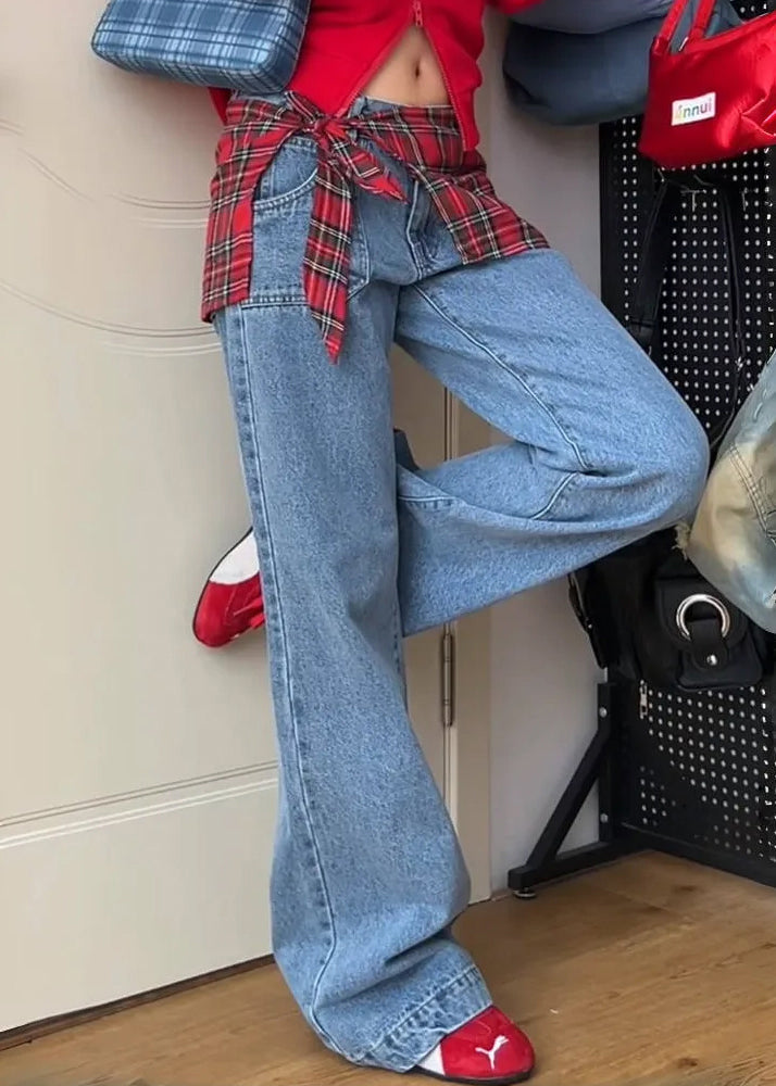 Blue Pockets False Two Pieces Patchwork Denim Pants Fall