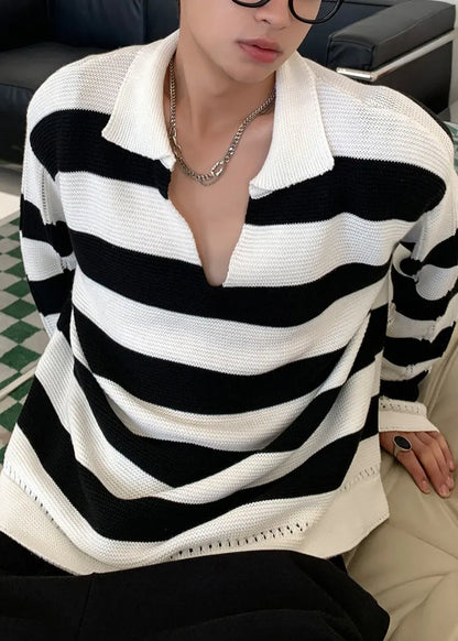 Stylish Striped Peter Pan Collar Hollow Out Knit Sweaters Fall