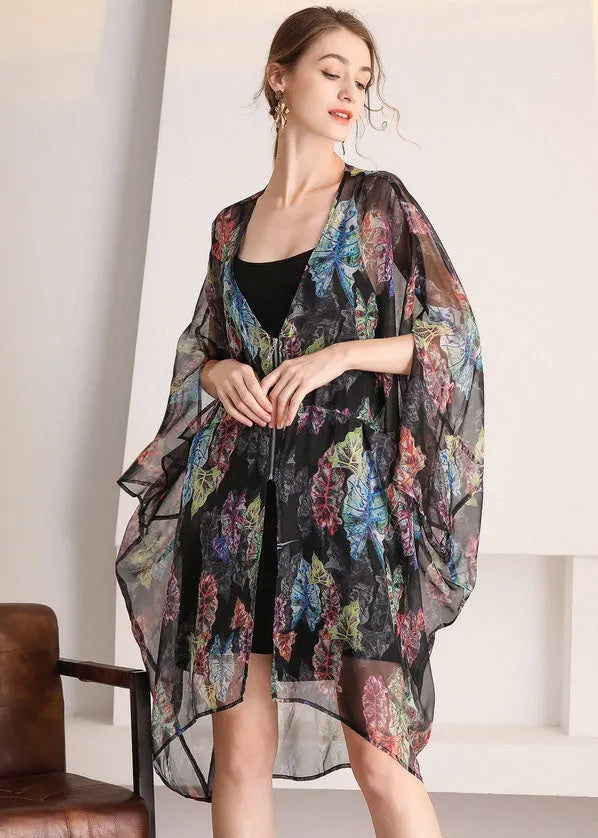 Black Oversized Print Hollow Out Tulle Cardigan Summer