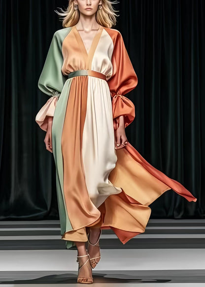 Khaki Cinched Patchwork Silk Vestidos Dress Spring