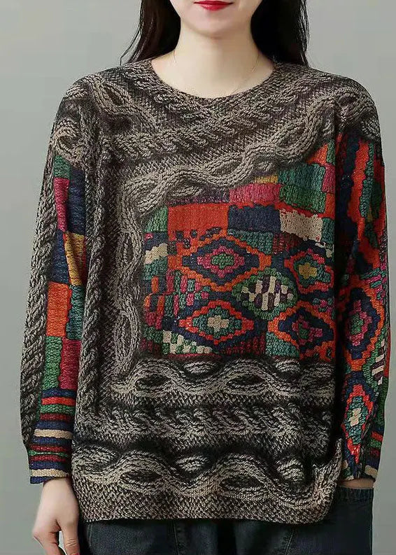 O-neck Print Mink Hair Knitted Sweaters Winter