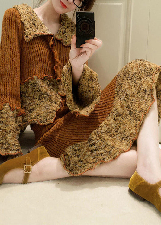 French Peter Pan Collar Print Patchwork Cotton Knit Cardigans and Maxi Skirts Two Pieces Set Fall