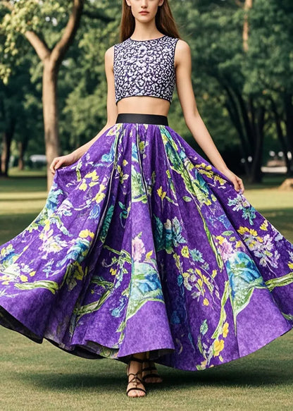 Purple Print Exra Large Hem Cotton Skirt Fall