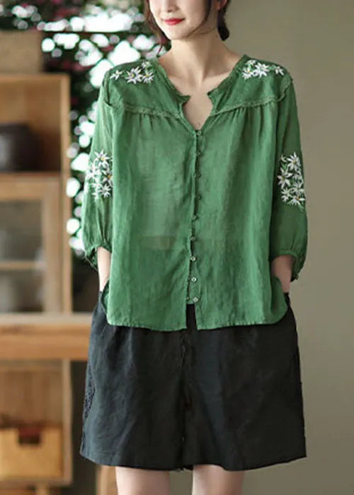 Green V Neck Embroidered Linen Top Bracelet Sleeve
