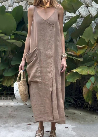 Khaki V Neck Pockets Cotton Spaghetti Strap Dress Summer
