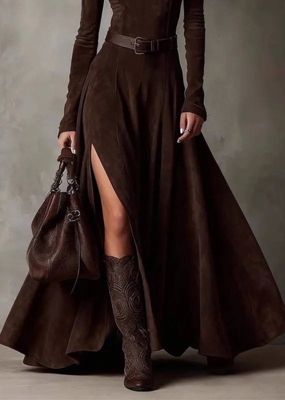 Coffee Patchwork Sashes Side Open Maxi Dresses Spring