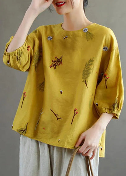 Pink O-neck Embroidered Summer Linen Blouses