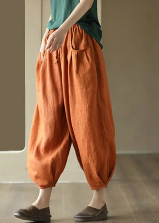 Organic Orange Elastic Waist Linen Crop Pants